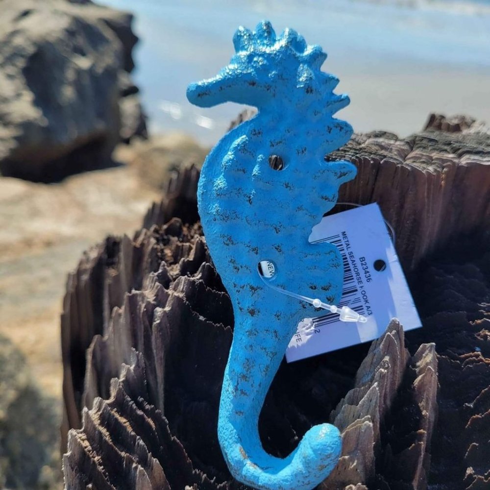 Cast Iron Seahorse Wall Hook Distressed Blue Finish